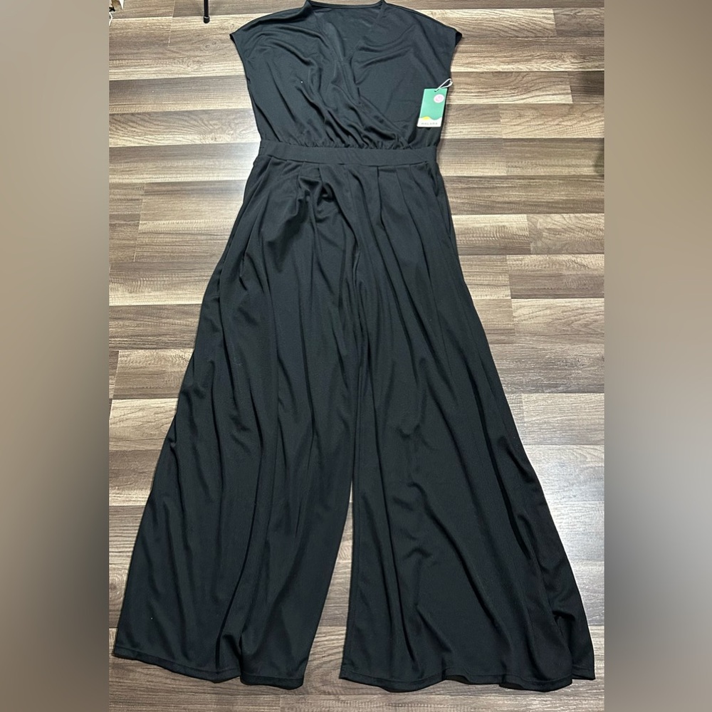 Halara V Neck Short Sleeve Side Pocket Wide Leg Flowy Waffle Casual Jumpsuit - Picture 6 of 7